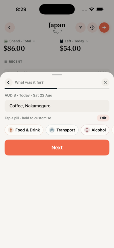 The Tasca quick add sheet asking what the expense was for, with a note field and outlined category pills for Food and Drink, Alcohol and Transport.