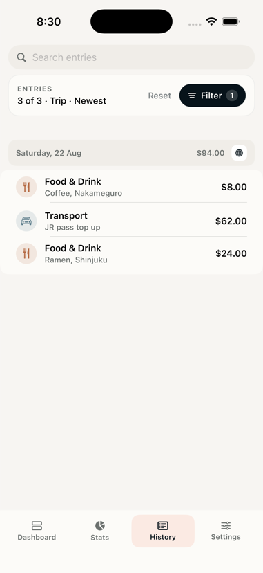 The Tasca history tab on iPhone, with a search field, a filter control, and expenses grouped under Saturday 22 August.