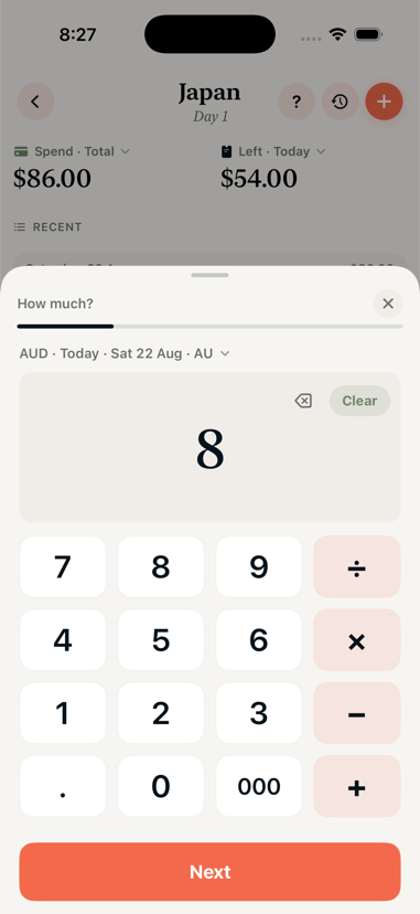 The Tasca quick add sheet on iPhone, showing the How much step with a serif amount above a calculator keypad and a coral Next button.